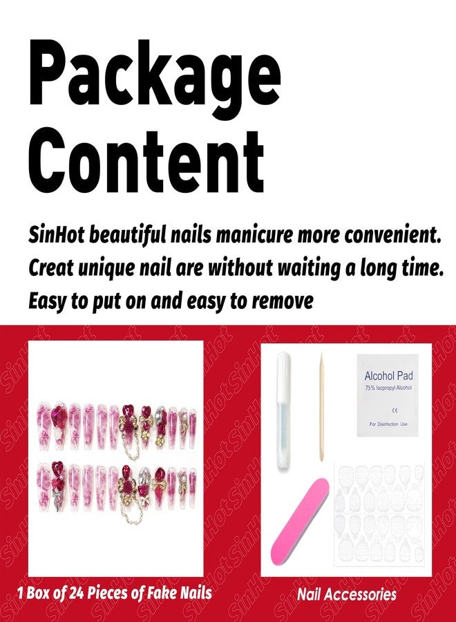 SINHOT Luxury Press on Nails - Long Coffin Fake Nails 3D Handmade Cute Pink Reusable False Nails with Rhinestone Designs,DIY Artificial Nail Art, 24pcs - Image 4